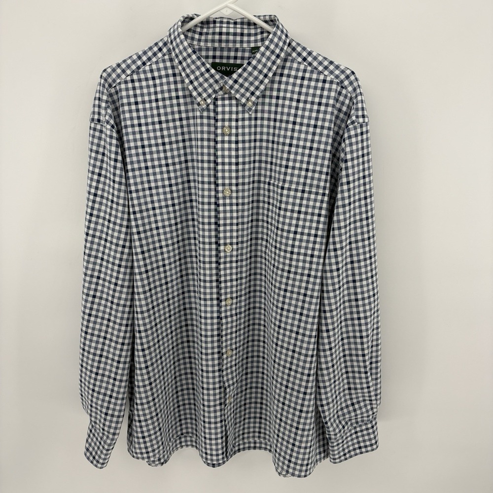 Orvis Shirt Mens 2XL Blue White Gingham Active Fit Button Down Cotton Casual